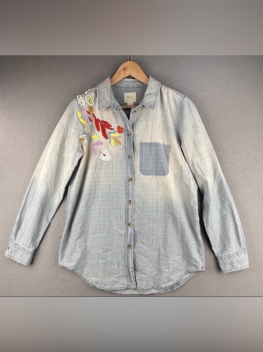 Maeve Anthropologie Women's Denim Shirt Sz XS Embroidered Front Back Oversized